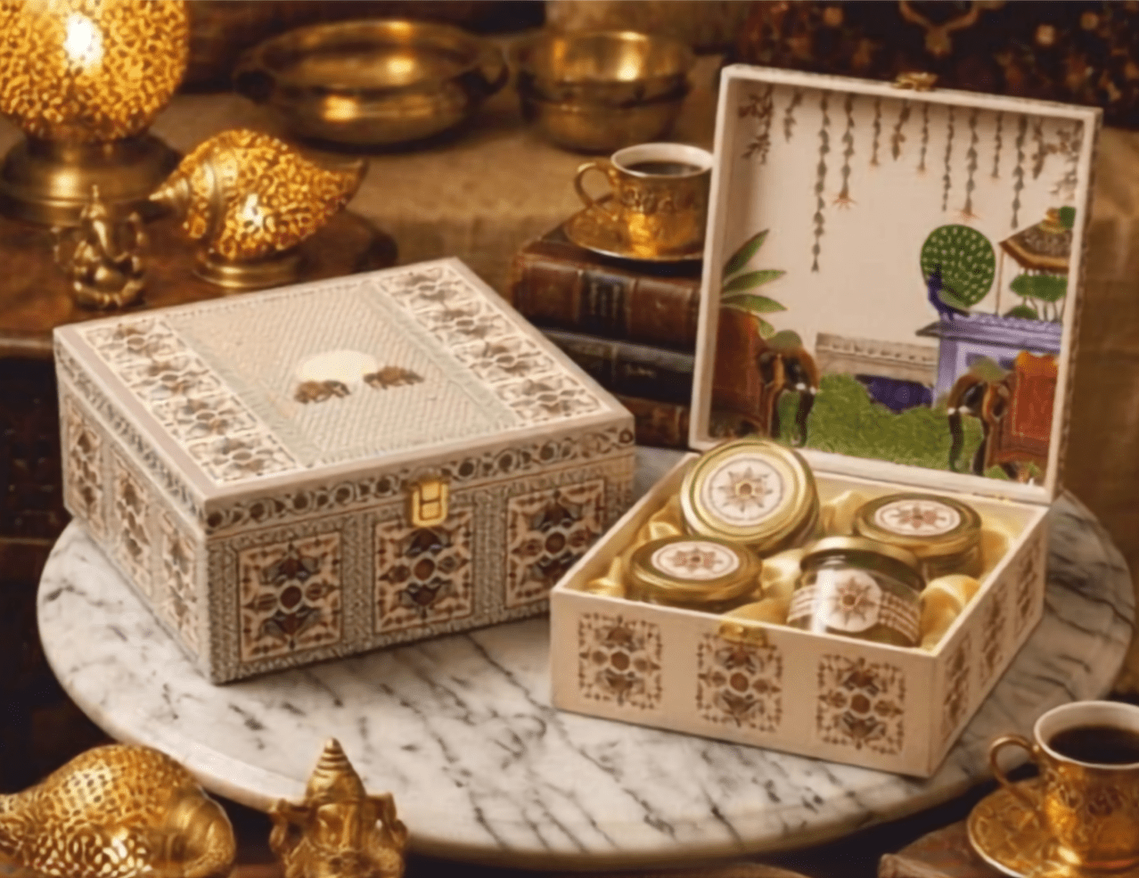 Navy peacock motif 4 jar MDF gift box