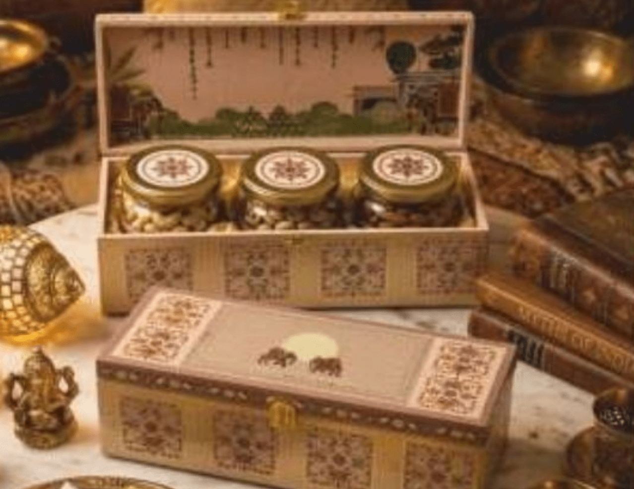 Sunset orange peacock arch print 3 jar MDF gift box