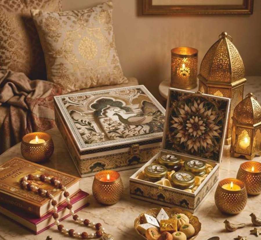 Navy peacock motif 4 jar MDF gift box