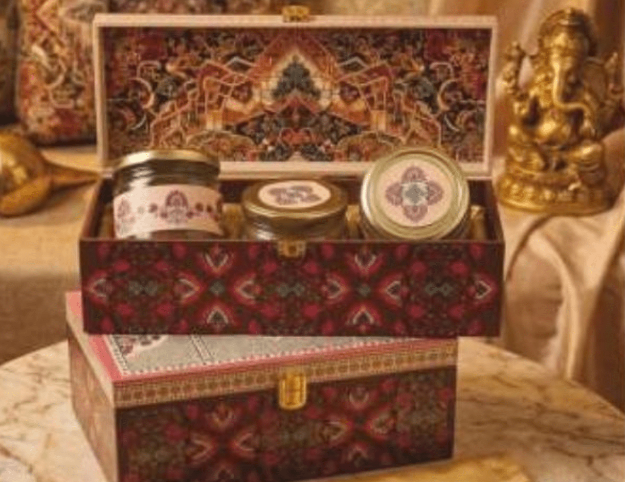 Sunset orange peacock arch print 3 jar MDF gift box