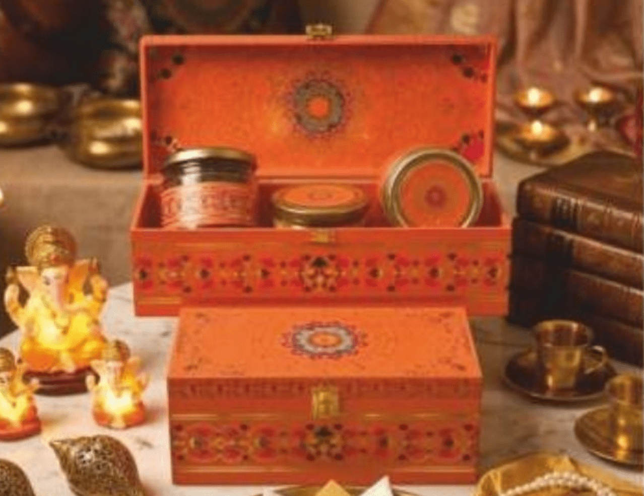 Sunset orange peacock arch print 3 jar MDF gift box